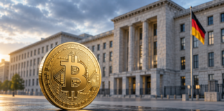 Goldene Bitcoin-Münze vor einem Regierungsgebäude mit deutscher Flagge als Symbol für die geplante Krypto-Steuerreform.