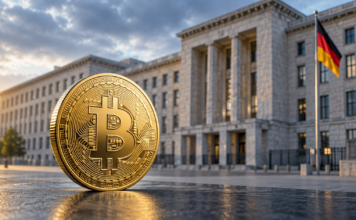 Goldene Bitcoin-Münze vor einem Regierungsgebäude mit deutscher Flagge als Symbol für die geplante Krypto-Steuerreform.