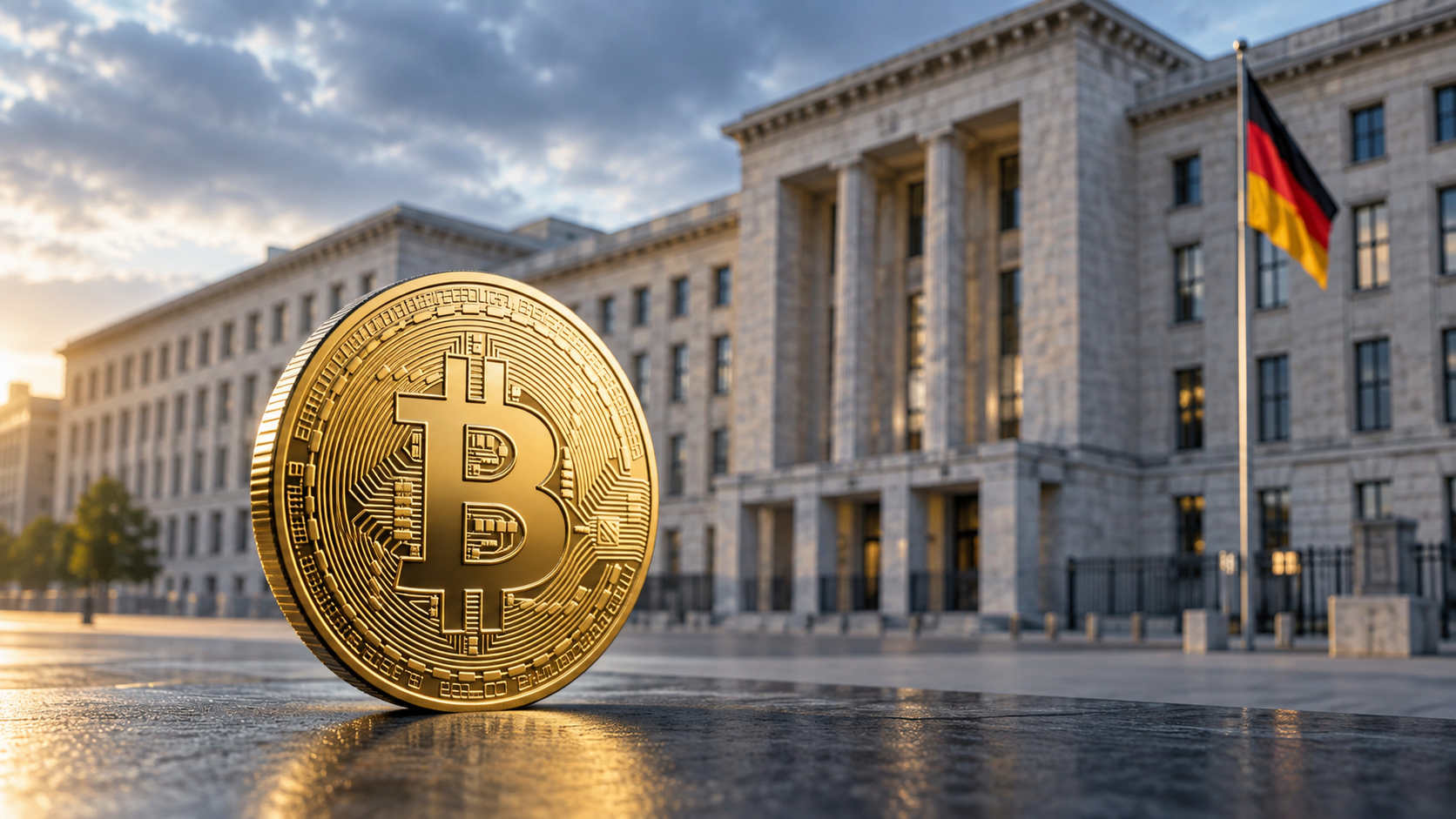 Goldene Bitcoin-Münze vor einem Regierungsgebäude mit deutscher Flagge als Symbol für die geplante Krypto-Steuerreform.