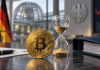 Bitcoin-Münze neben einer Sanduhr im deutschen Regierungskontext als Symbol für die Debatte um die steuerfreie Haltefrist