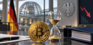 Bitcoin-Münze neben einer Sanduhr im deutschen Regierungskontext als Symbol für die Debatte um die steuerfreie Haltefrist