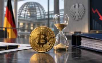 Bitcoin-Münze neben einer Sanduhr im deutschen Regierungskontext als Symbol für die Debatte um die steuerfreie Haltefrist
