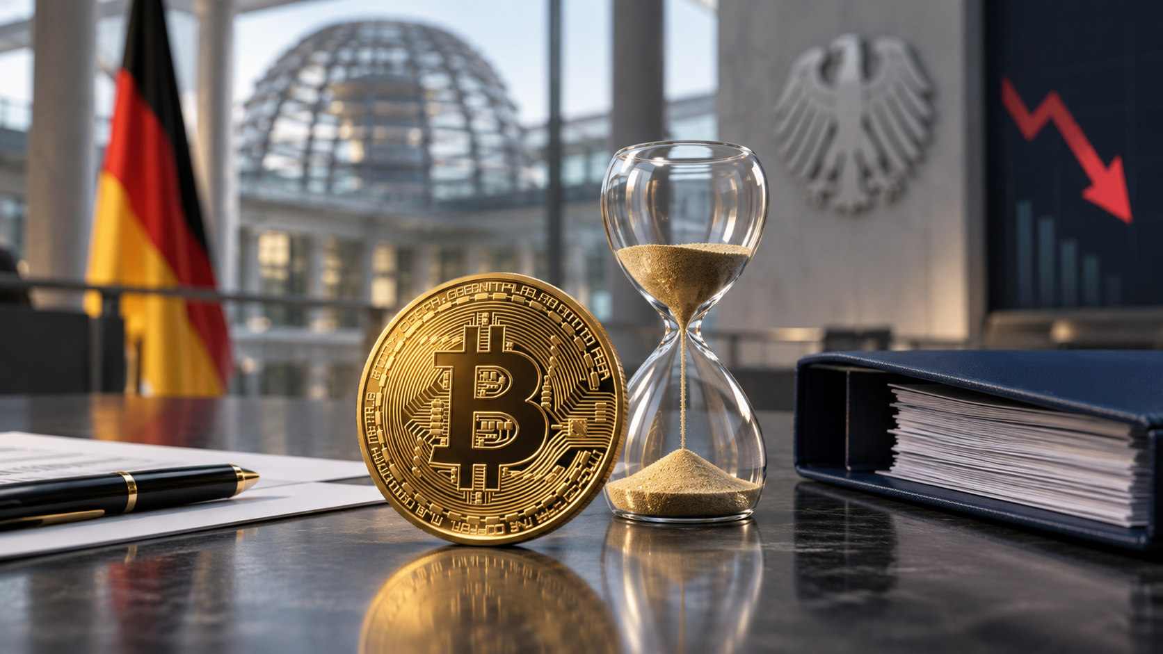 Bitcoin-Münze neben einer Sanduhr im deutschen Regierungskontext als Symbol für die Debatte um die steuerfreie Haltefrist