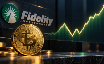 Bitcoin-Münze vor dem Fidelity-Schriftzug und einem steigenden Kursverlauf