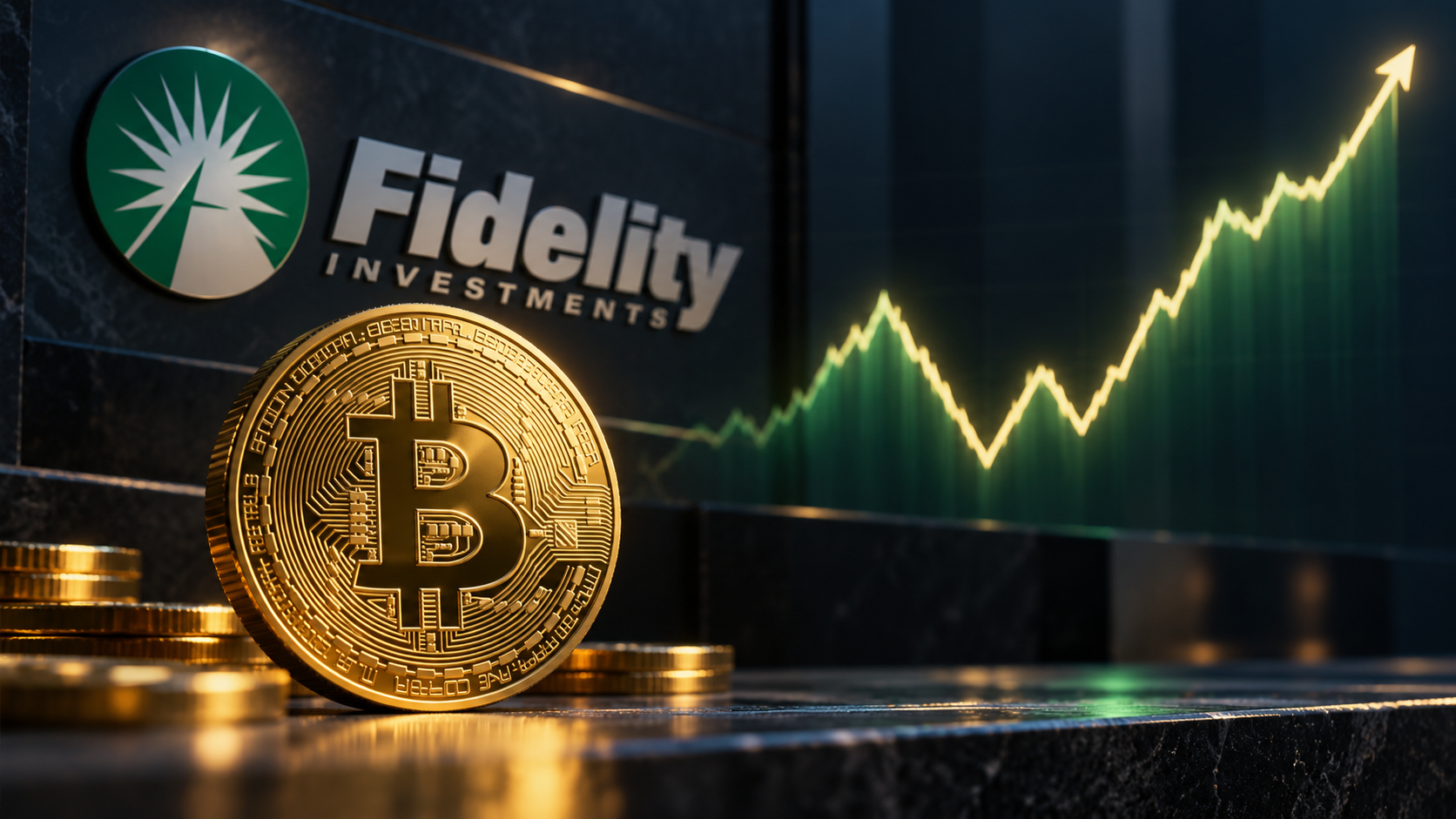 Bitcoin-Münze vor dem Fidelity-Schriftzug und einem steigenden Kursverlauf