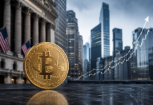 Goldener Bitcoin vor Wall-Street-Kulisse mit steigendem Kurschart als Symbol für institutionelle Nachfrage.