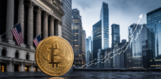 Goldener Bitcoin vor Wall-Street-Kulisse mit steigendem Kurschart als Symbol für institutionelle Nachfrage.
