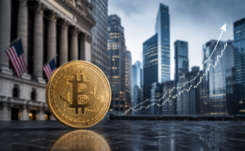 Goldener Bitcoin vor Wall-Street-Kulisse mit steigendem Kurschart als Symbol für institutionelle Nachfrage.