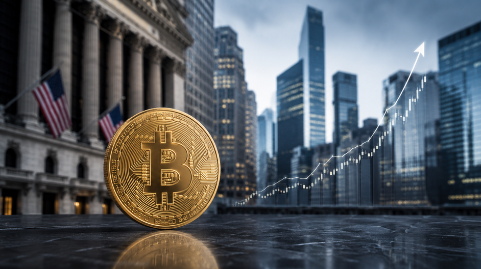Goldener Bitcoin vor Wall-Street-Kulisse mit steigendem Kurschart als Symbol für institutionelle Nachfrage.