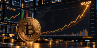 Bitcoin vor einem steigenden Kurschart mit der Zielmarke von 100.000 US-Dollar im September