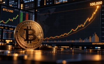 Bitcoin vor einem steigenden Kurschart mit der Zielmarke von 100.000 US-Dollar im September