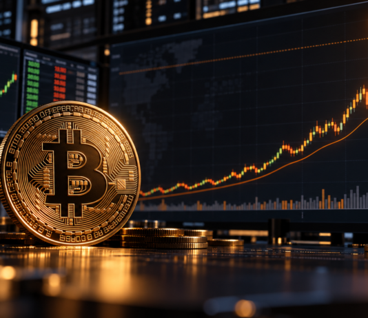 Bitcoin vor einem steigenden Kurschart mit der Zielmarke von 100.000 US-Dollar im September