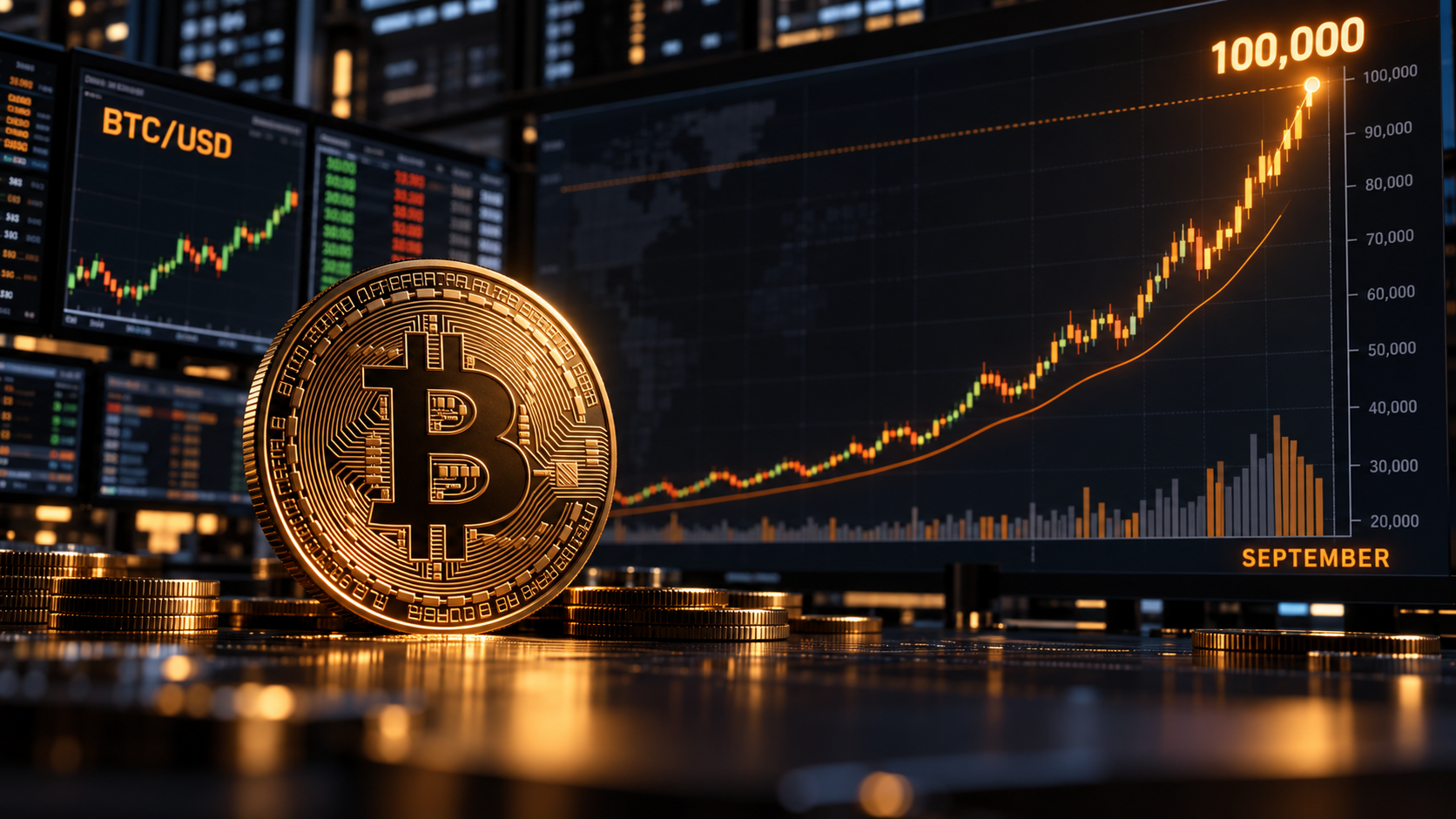 Bitcoin vor einem steigenden Kurschart mit der Zielmarke von 100.000 US-Dollar im September