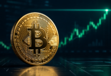 Goldene Bitcoin-Münze vor einem steil steigenden grünen Kurschart