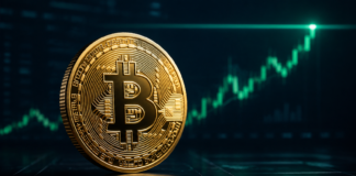 Goldene Bitcoin-Münze vor einem steil steigenden grünen Kurschart