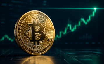 Goldene Bitcoin-Münze vor einem steil steigenden grünen Kurschart