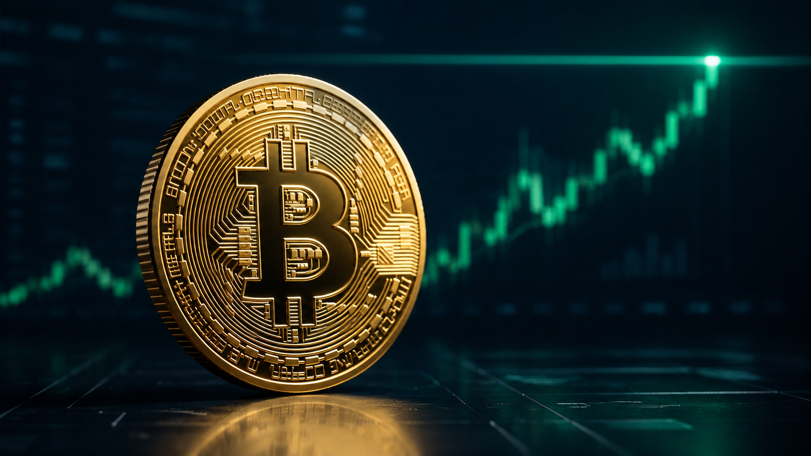 Goldene Bitcoin-Münze vor einem steil steigenden grünen Kurschart