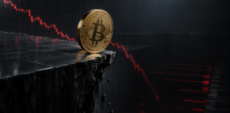 Goldene Bitcoin-Münze am Rand einer abbrechenden Handelsplattform vor einem fallenden roten Kurschart