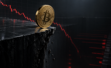 Goldene Bitcoin-Münze am Rand einer abbrechenden Handelsplattform vor einem fallenden roten Kurschart