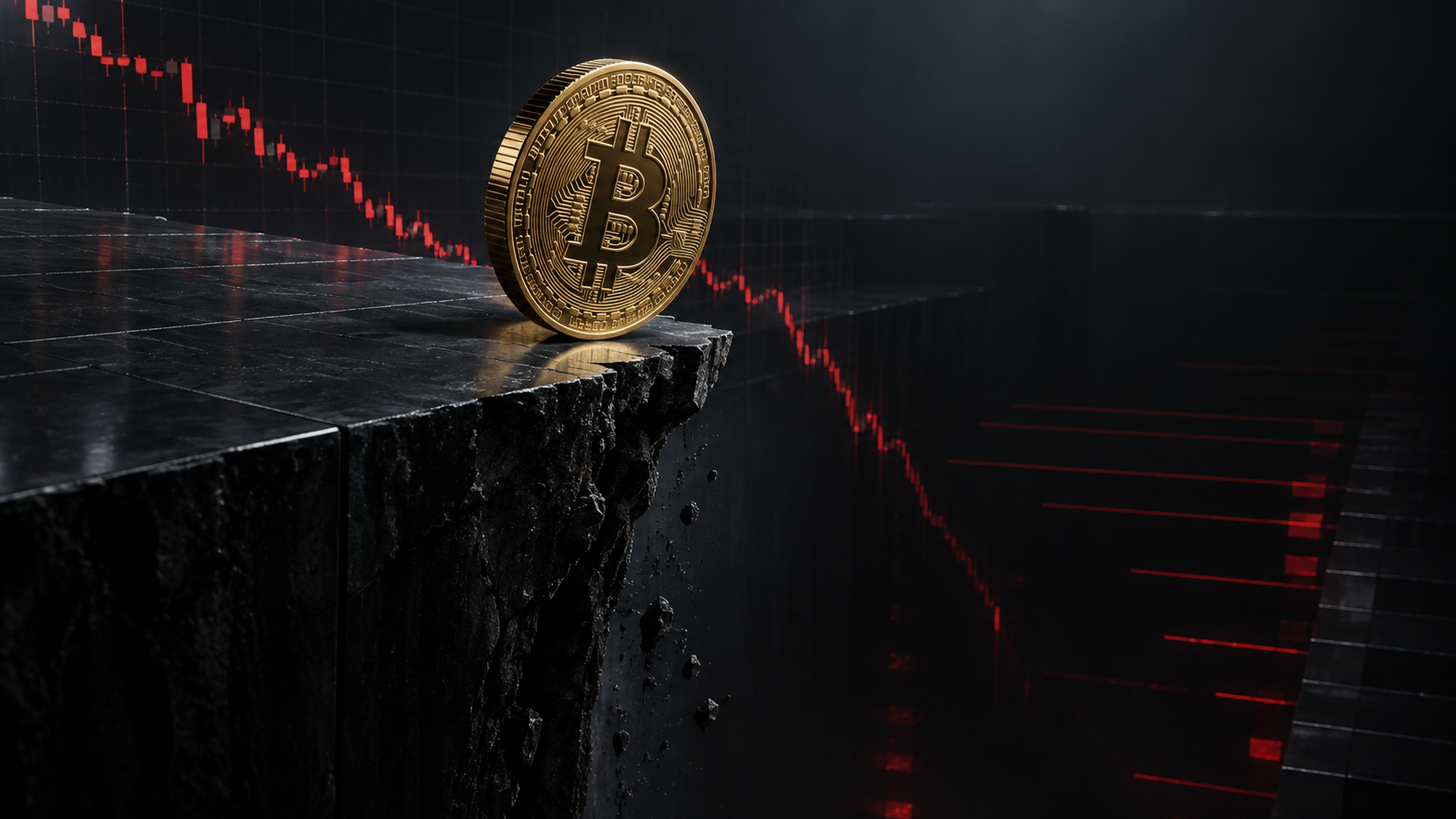 Goldene Bitcoin-Münze am Rand einer abbrechenden Handelsplattform vor einem fallenden roten Kurschart