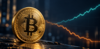 Bitcoin-Kurs vor Entscheidung: 79.000 oder 90.000 USD nächstes Ziel? Bitcoin-Münze vor zwei gegenläufigen Kurslinien als Symbol für mögliche Korrektur oder weiteren Anstieg