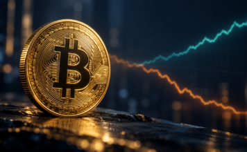 Bitcoin-Kurs vor Entscheidung: 79.000 oder 90.000 USD nächstes Ziel? Bitcoin-Münze vor zwei gegenläufigen Kurslinien als Symbol für mögliche Korrektur oder weiteren Anstieg