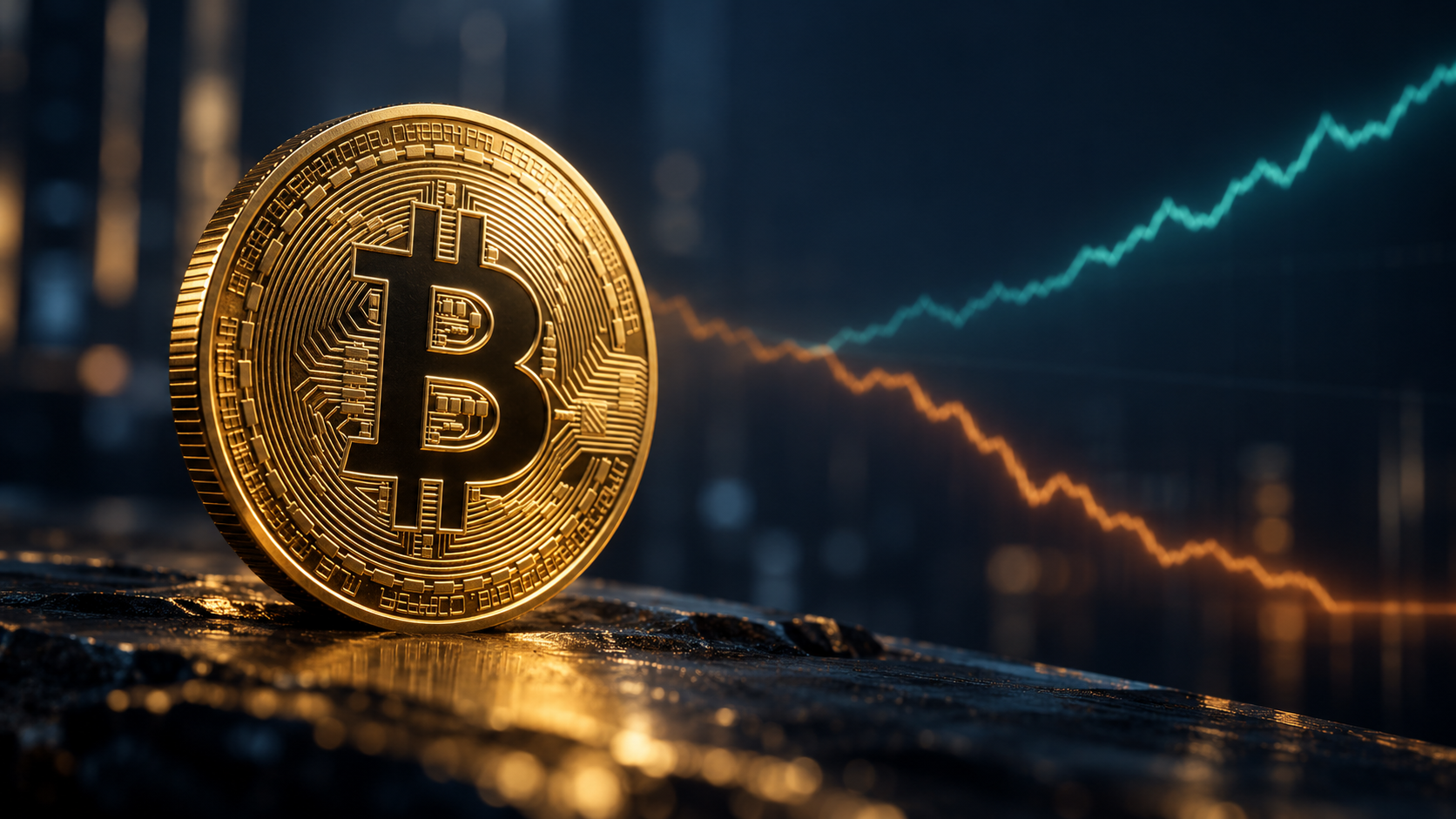 Bitcoin-Münze vor zwei gegenläufigen Kurslinien als Symbol für mögliche Korrektur oder weiteren Anstieg