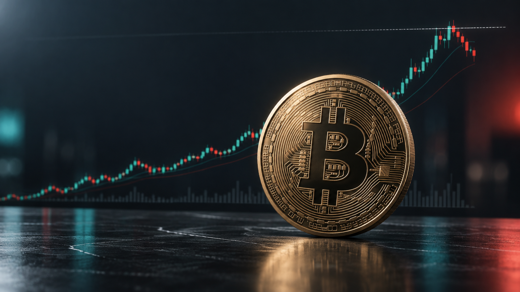 Bitcoin-Münze vor einem Kurschart, der nach einer starken Rallye einen Rücksetzer zeigt
