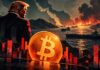 Illustration eines politischen Konflikts mit prominentem Bitcoin-Logo, Öltankern auf dem Meer, aufsteigendem Rauch und roten Kursbalken als Symbol für Marktstress.