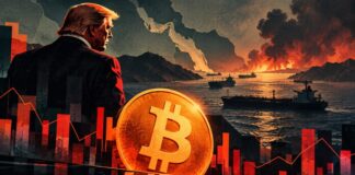 Illustration eines politischen Konflikts mit prominentem Bitcoin-Logo, Öltankern auf dem Meer, aufsteigendem Rauch und roten Kursbalken als Symbol für Marktstress.