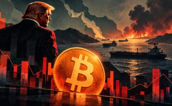 Illustration eines politischen Konflikts mit prominentem Bitcoin-Logo, Öltankern auf dem Meer, aufsteigendem Rauch und roten Kursbalken als Symbol für Marktstress.