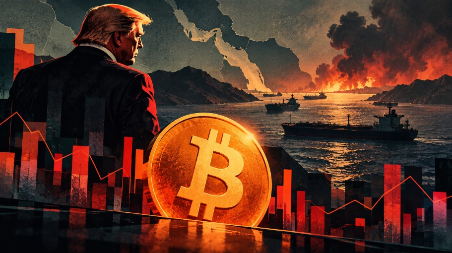 Illustration eines politischen Konflikts mit prominentem Bitcoin-Logo, Öltankern auf dem Meer, aufsteigendem Rauch und roten Kursbalken als Symbol für Marktstress.