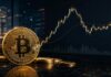Goldener Bitcoin im Vordergrund vor einem dunklen Trading-Chart mit Candlesticks und seitwärts verlaufender Kursentwicklung im Bloomberg-Stil.