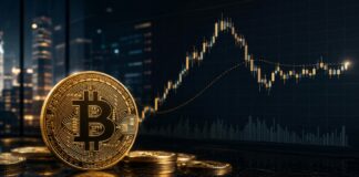 Goldener Bitcoin im Vordergrund vor einem dunklen Trading-Chart mit Candlesticks und seitwärts verlaufender Kursentwicklung im Bloomberg-Stil.
