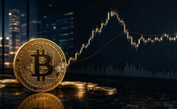 Bitcoin: 20 Billionen USD Marktkapitalisierung und Kurs von 1.000.000 USD als neues Ziel Goldener Bitcoin im Vordergrund vor einem dunklen Trading-Chart mit Candlesticks und seitwärts verlaufender Kursentwicklung im Bloomberg-Stil.