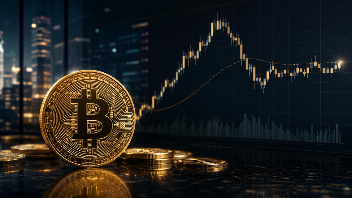 Goldener Bitcoin im Vordergrund vor einem dunklen Trading-Chart mit Candlesticks und seitwärts verlaufender Kursentwicklung im Bloomberg-Stil.