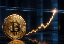 Goldene Bitcoin-Münze vor einem steigenden Kurschart, der auf eine Widerstandslinie trifft