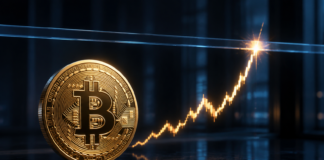 Goldene Bitcoin-Münze vor einem steigenden Kurschart, der auf eine Widerstandslinie trifft