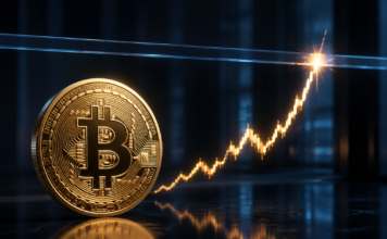 Goldene Bitcoin-Münze vor einem steigenden Kurschart, der auf eine Widerstandslinie trifft