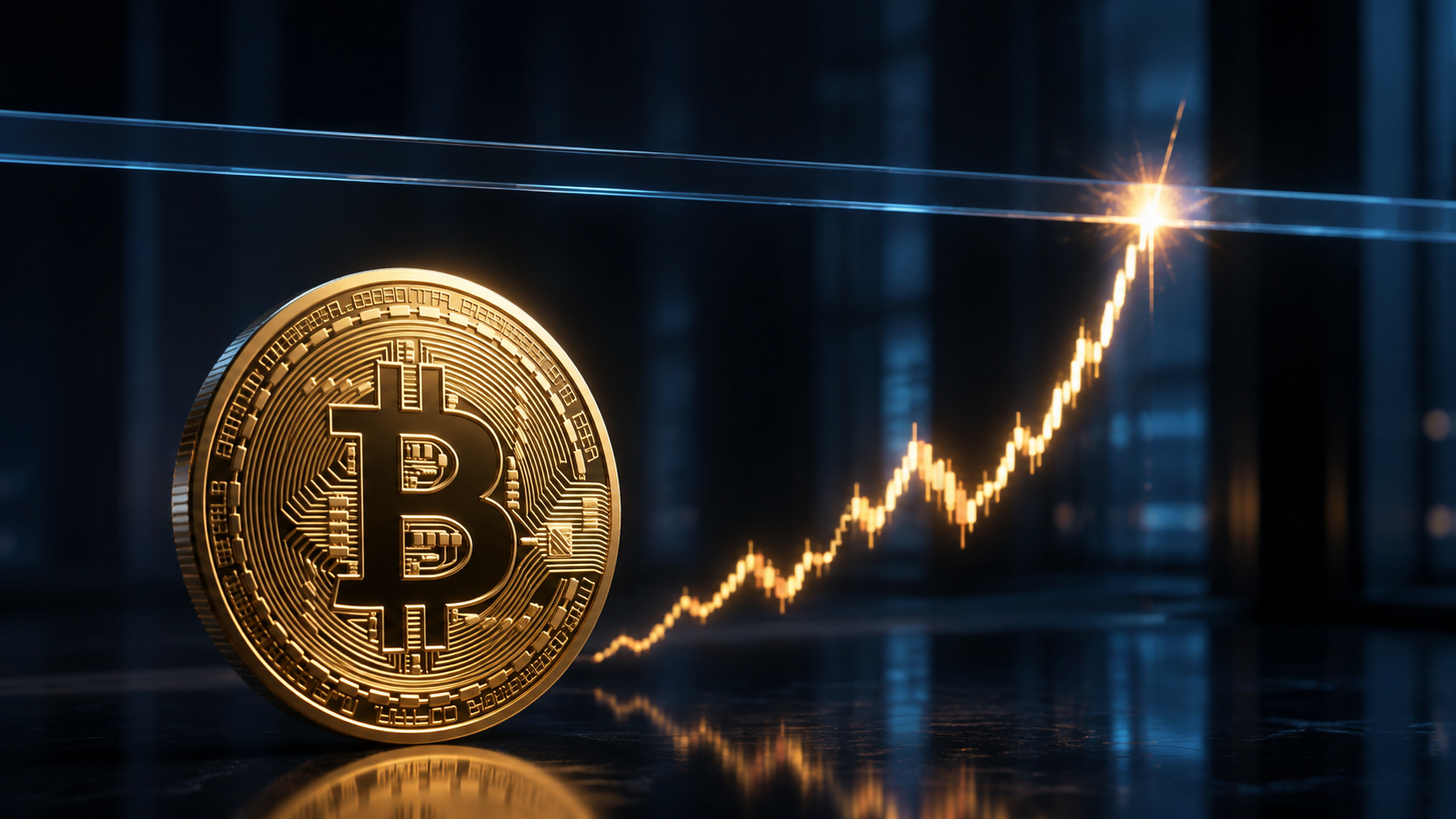 Goldene Bitcoin-Münze vor einem steigenden Kurschart, der auf eine Widerstandslinie trifft