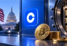 Bitcoin-Reserve der USA: Coinbase in Abstimmung mit Behörden Goldene Bitcoin-Münzen vor einem geöffneten Tresor mit prominentem Coinbase-Logo, unscharfer US-Flagge und Kapitol im Hintergrund als Symbol für die strategische Bitcoin-Reserve der USA.