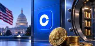 Goldene Bitcoin-Münzen vor einem geöffneten Tresor mit prominentem Coinbase-Logo, unscharfer US-Flagge und Kapitol im Hintergrund als Symbol für die strategische Bitcoin-Reserve der USA.