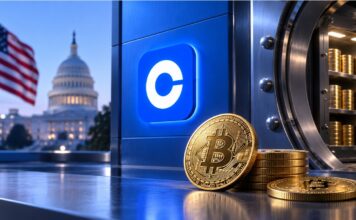 Goldene Bitcoin-Münzen vor einem geöffneten Tresor mit prominentem Coinbase-Logo, unscharfer US-Flagge und Kapitol im Hintergrund als Symbol für die strategische Bitcoin-Reserve der USA.