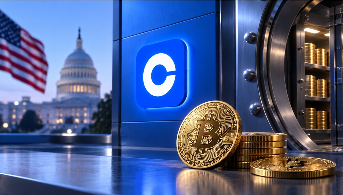 Goldene Bitcoin-Münzen vor einem geöffneten Tresor mit prominentem Coinbase-Logo, unscharfer US-Flagge und Kapitol im Hintergrund als Symbol für die strategische Bitcoin-Reserve der USA.