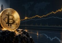 Goldene Bitcoin-Münze vor einem Finanzchart, in dem sich Bitcoin deutlich von einer schwächeren Aktienmarkt-Linie abkoppelt und stark nach oben ausbricht.