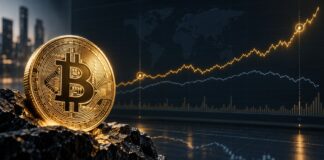 Goldene Bitcoin-Münze vor einem Finanzchart, in dem sich Bitcoin deutlich von einer schwächeren Aktienmarkt-Linie abkoppelt und stark nach oben ausbricht.