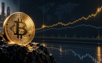 Goldene Bitcoin-Münze vor einem Finanzchart, in dem sich Bitcoin deutlich von einer schwächeren Aktienmarkt-Linie abkoppelt und stark nach oben ausbricht.