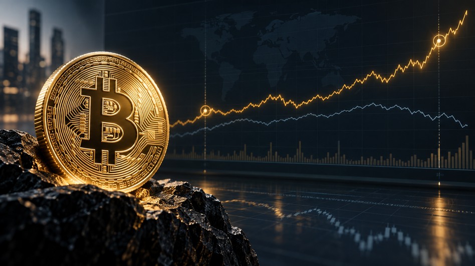 Goldene Bitcoin-Münze vor einem Finanzchart, in dem sich Bitcoin deutlich von einer schwächeren Aktienmarkt-Linie abkoppelt und stark nach oben ausbricht.