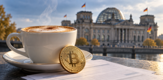 Cappuccino und goldene Bitcoin-Münze auf symbolischen Steuerunterlagen vor dem Berliner Reichstagsgebäude.