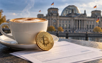 Cappuccino und goldene Bitcoin-Münze auf symbolischen Steuerunterlagen vor dem Berliner Reichstagsgebäude.